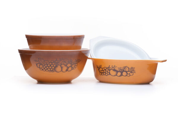 Old-Pyrex Orchard-Brown-Fruit-Pattern-set-of-3